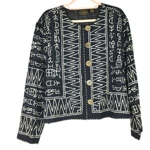 Allure Dress Vintage Black White Tribal Print Boxy Jacket Flax Blend Large
